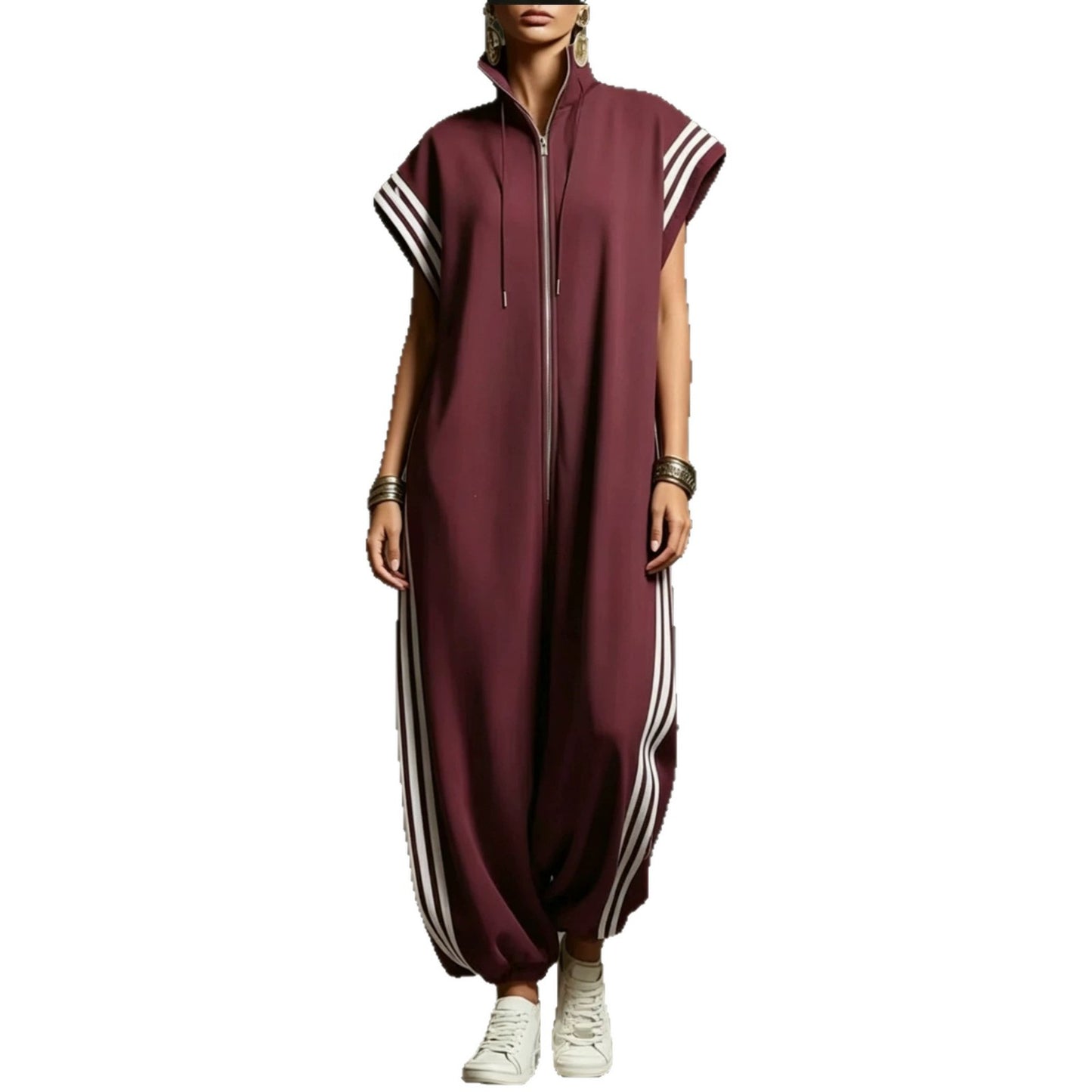 Women's Zipped Stand Collar Striped Contrast Color Jumpsuits