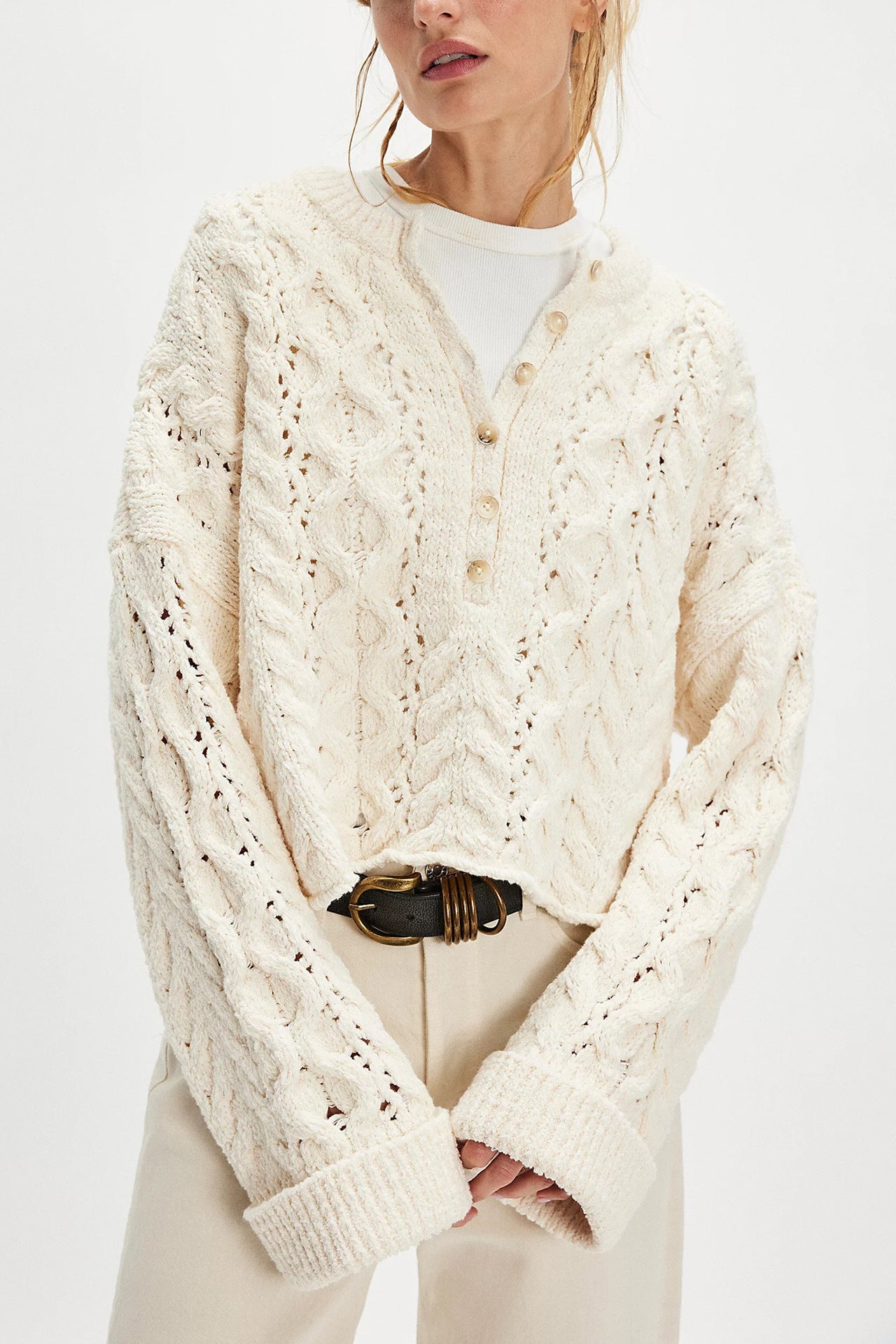 Women's Button Cable Loose-fitting Solid Color Pullover Sweaters