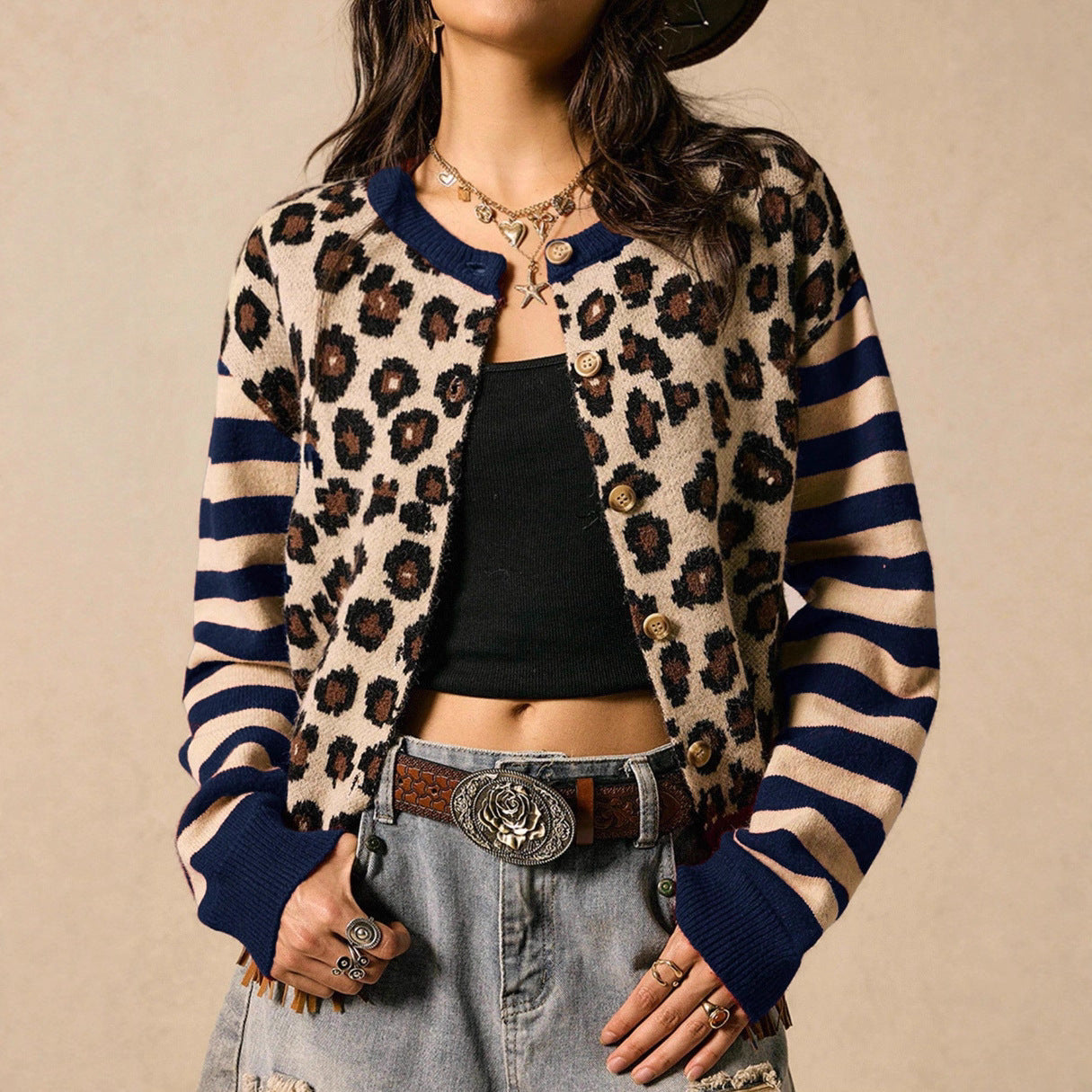 Women's Round Neck Striped Leopard Print Sweaters