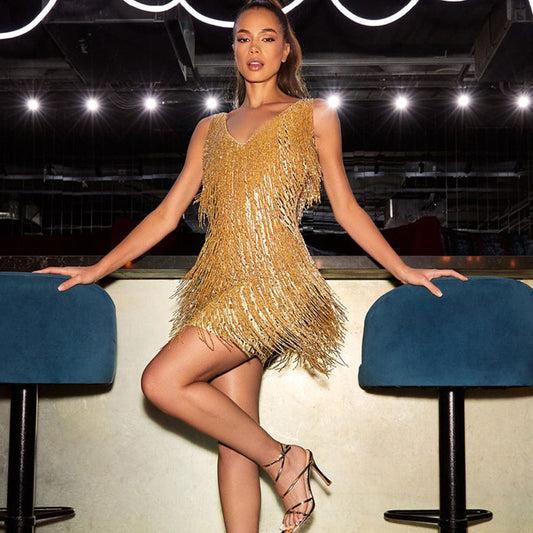 Women's Tassel Sequins Dress Elegant Sleeveless Shorts