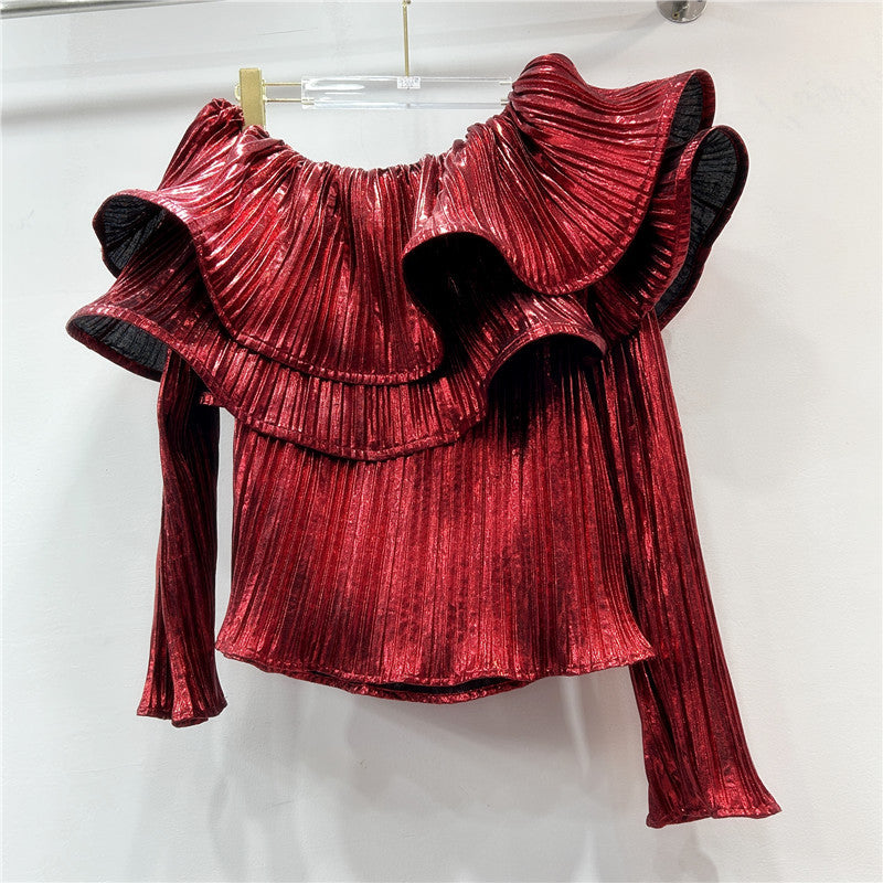 Women's French Style Fashion Shiny Surface Pleated Blouses