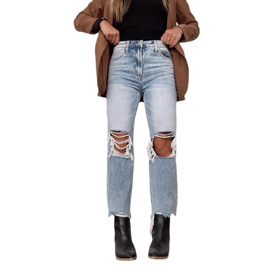 Washed Hole High Waist Loose Straight Jeans