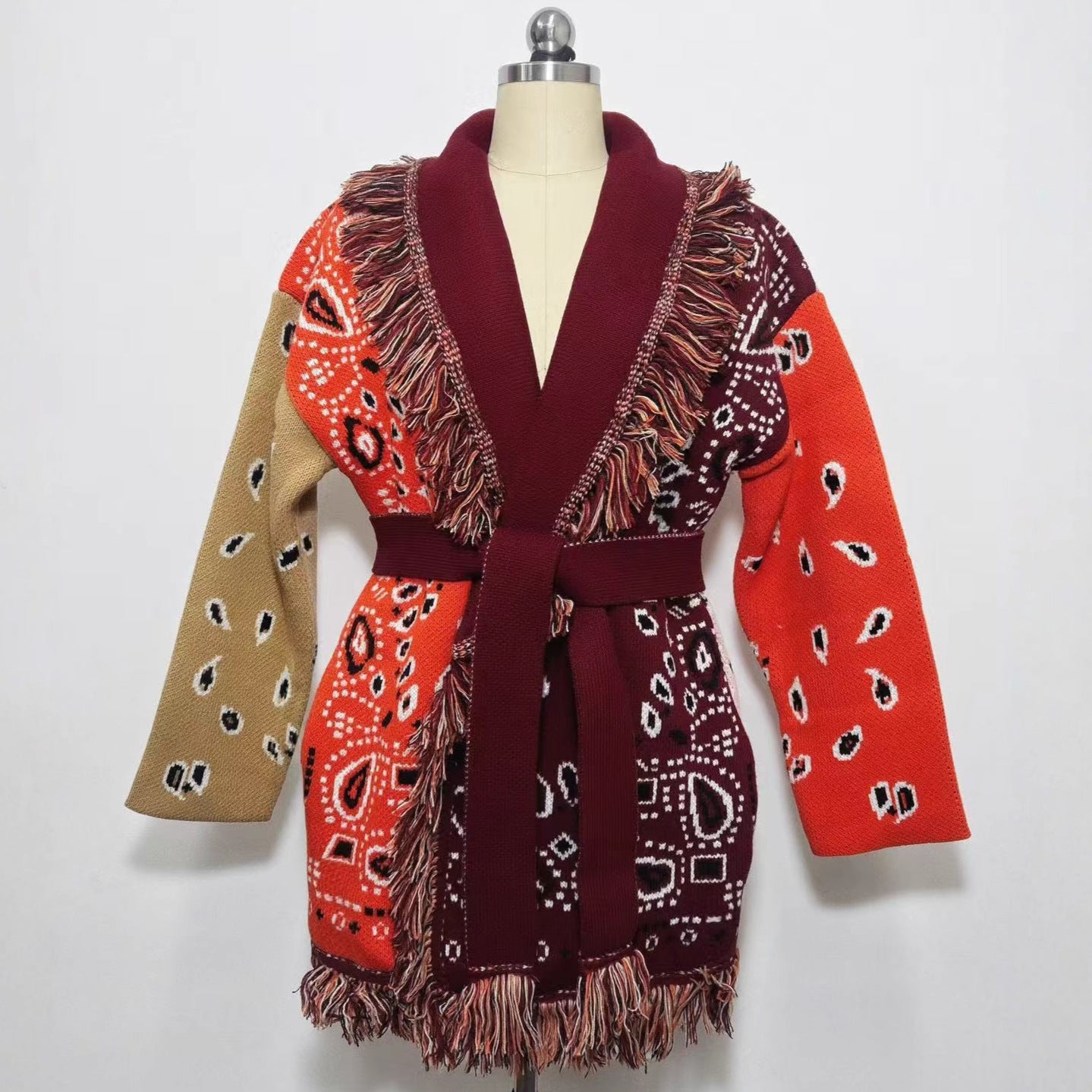Women's Thick Tassel Jacquard Mid-length Loose Color Matching Sweaters