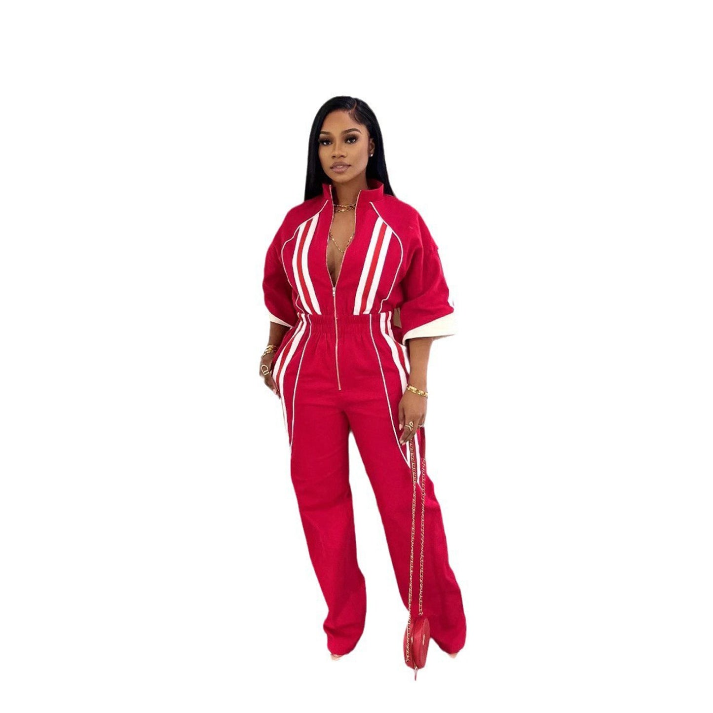 Women's 7-point Sleeve Waist Long Zipper One-piece Jumpsuits