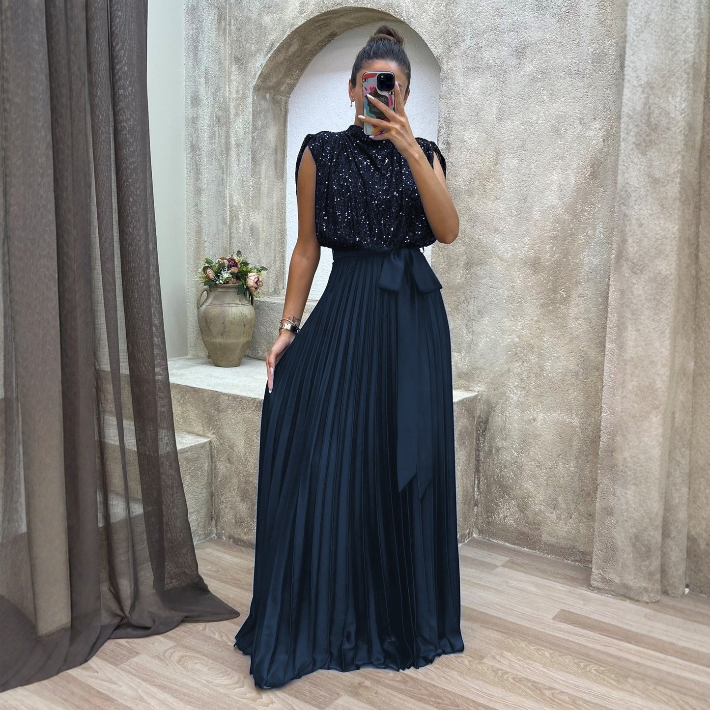 Women's Backless High Waist Pleated Dress Summer Dresses