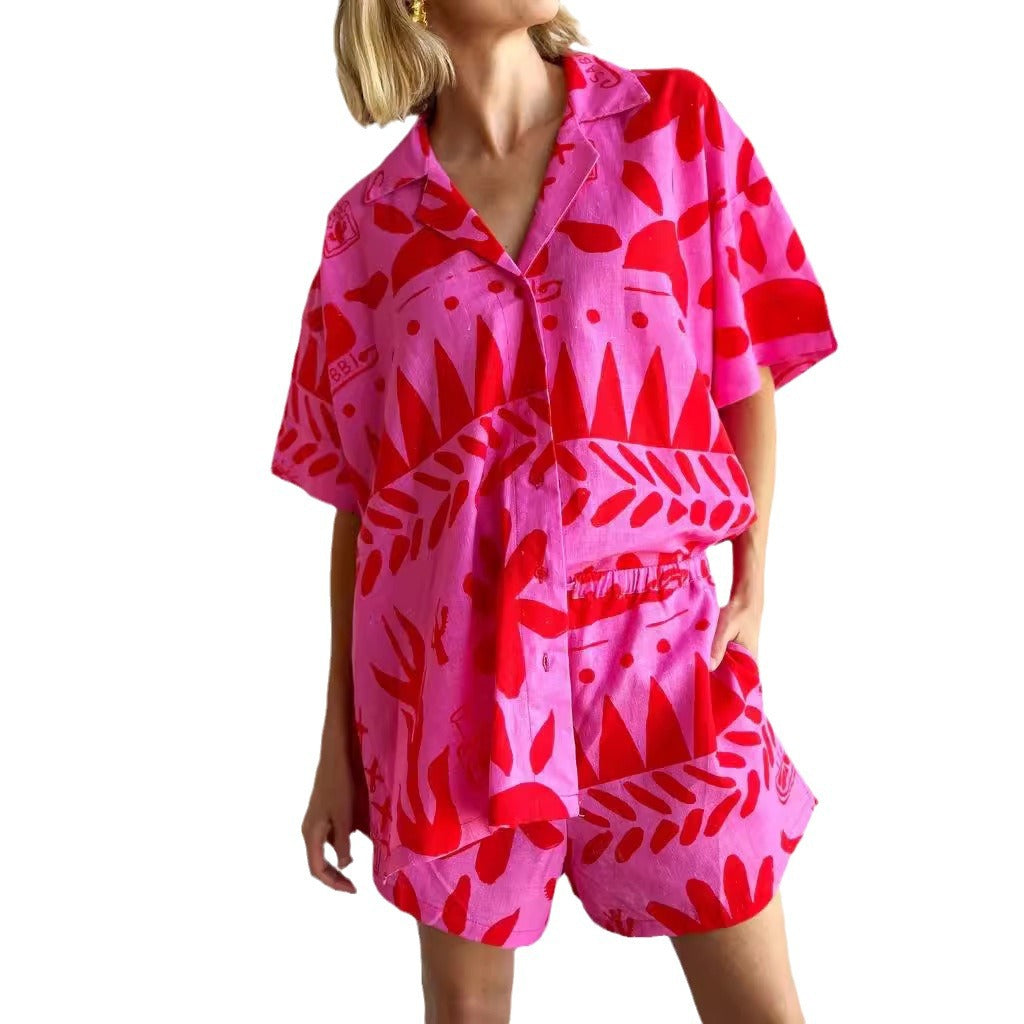 Women's Fashion Casual Printed Shirt Collar Suits