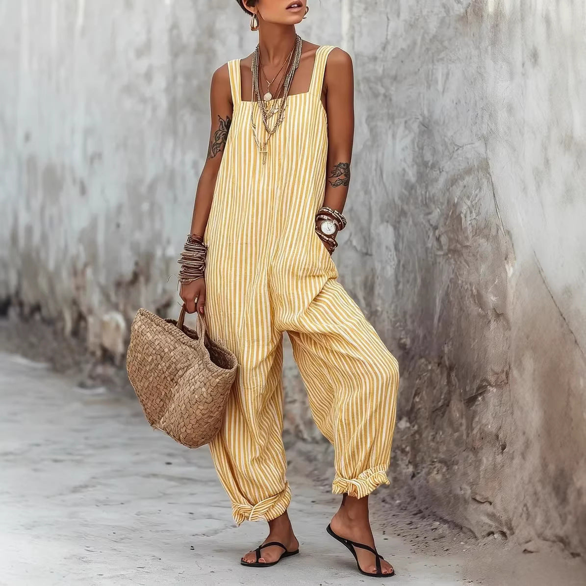 Women's Sleeveless Striped Print Loose Casual Women's Jumpsuit/clothing