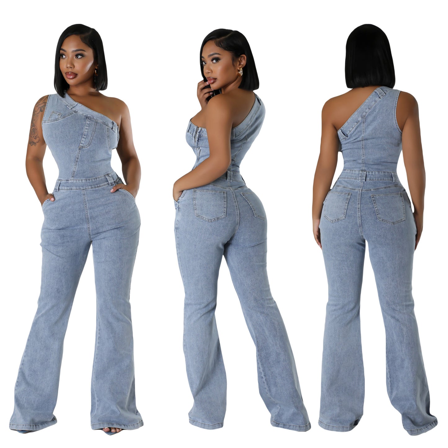 Slant Shoulder Tight Waist Slim Elastic Pants