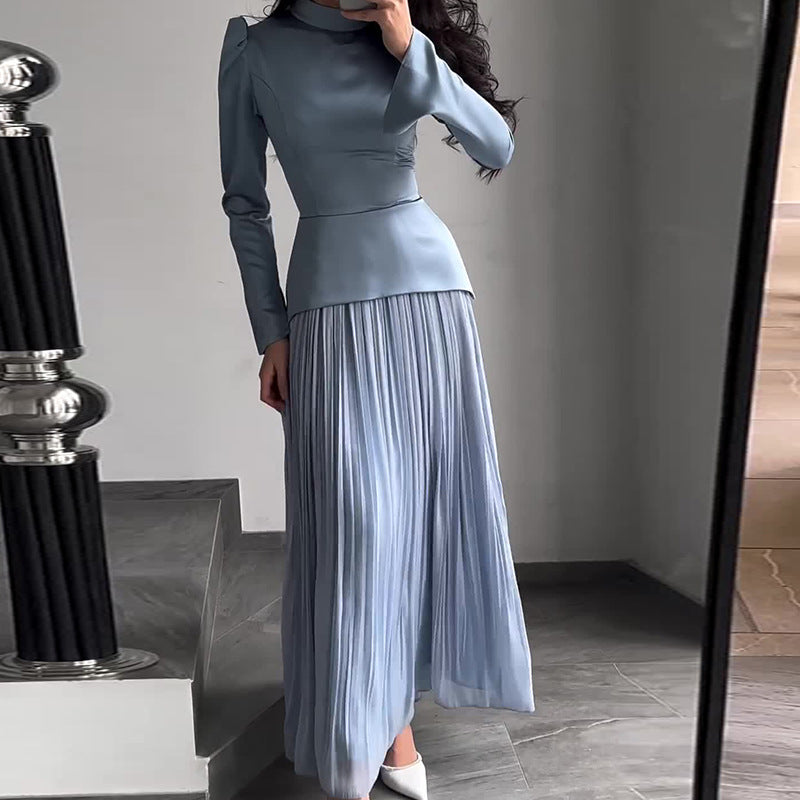 Women's Autumn Solid Color Fashion Stitching Design Round Dresses