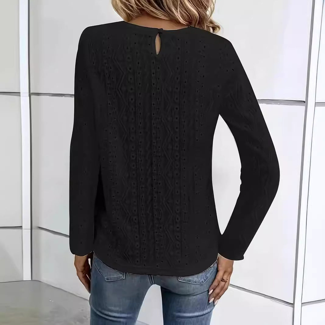 Solid Color Lace Stitching Hollow Long Women's T-shirt