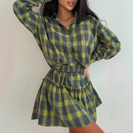 Women's Fashion Casual Check Lapel Loose Shirt Suits