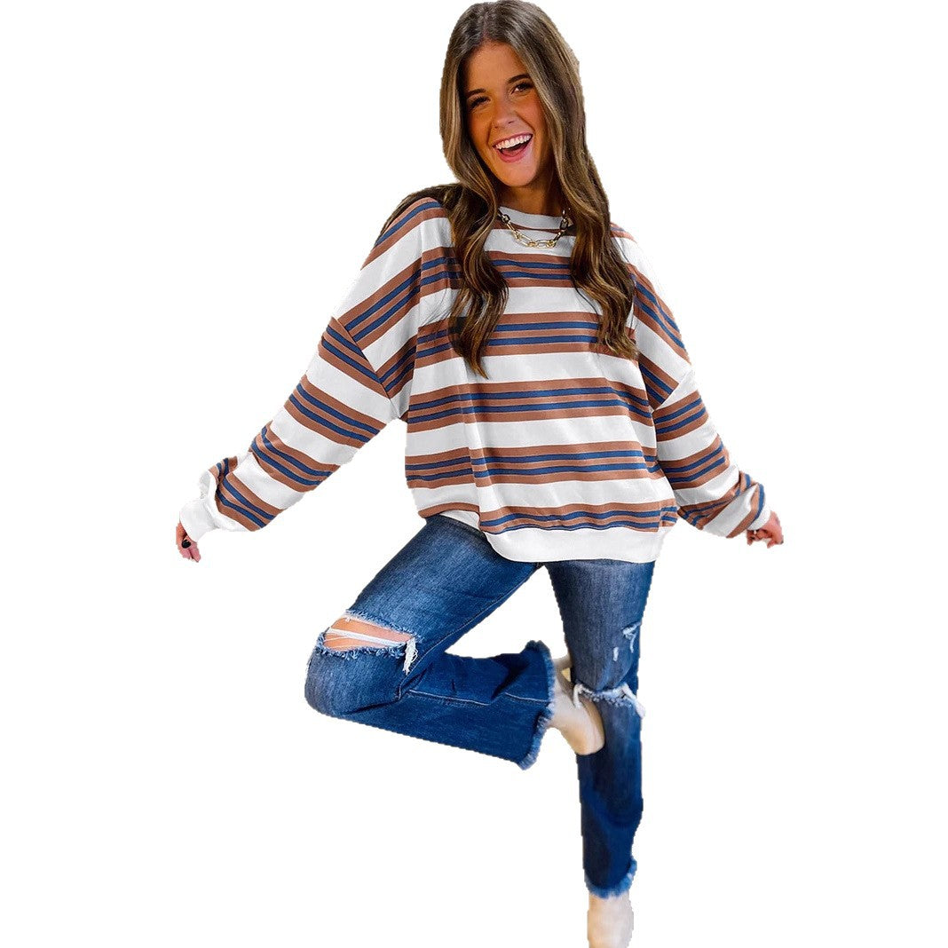 Women's Knitted Fashion Loose Slimming Contrast Color Round Women's Sweater, Sweater