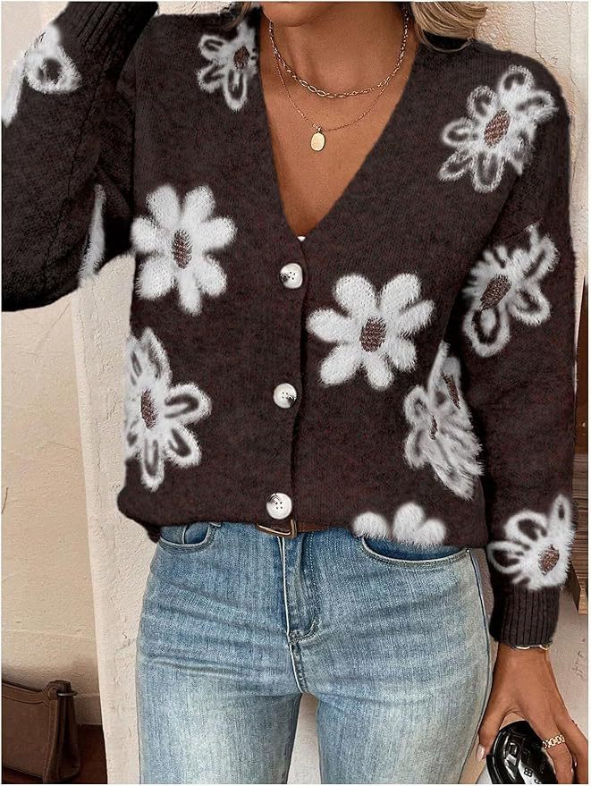 Durable Casual Flowers Print Button Front Sweaters