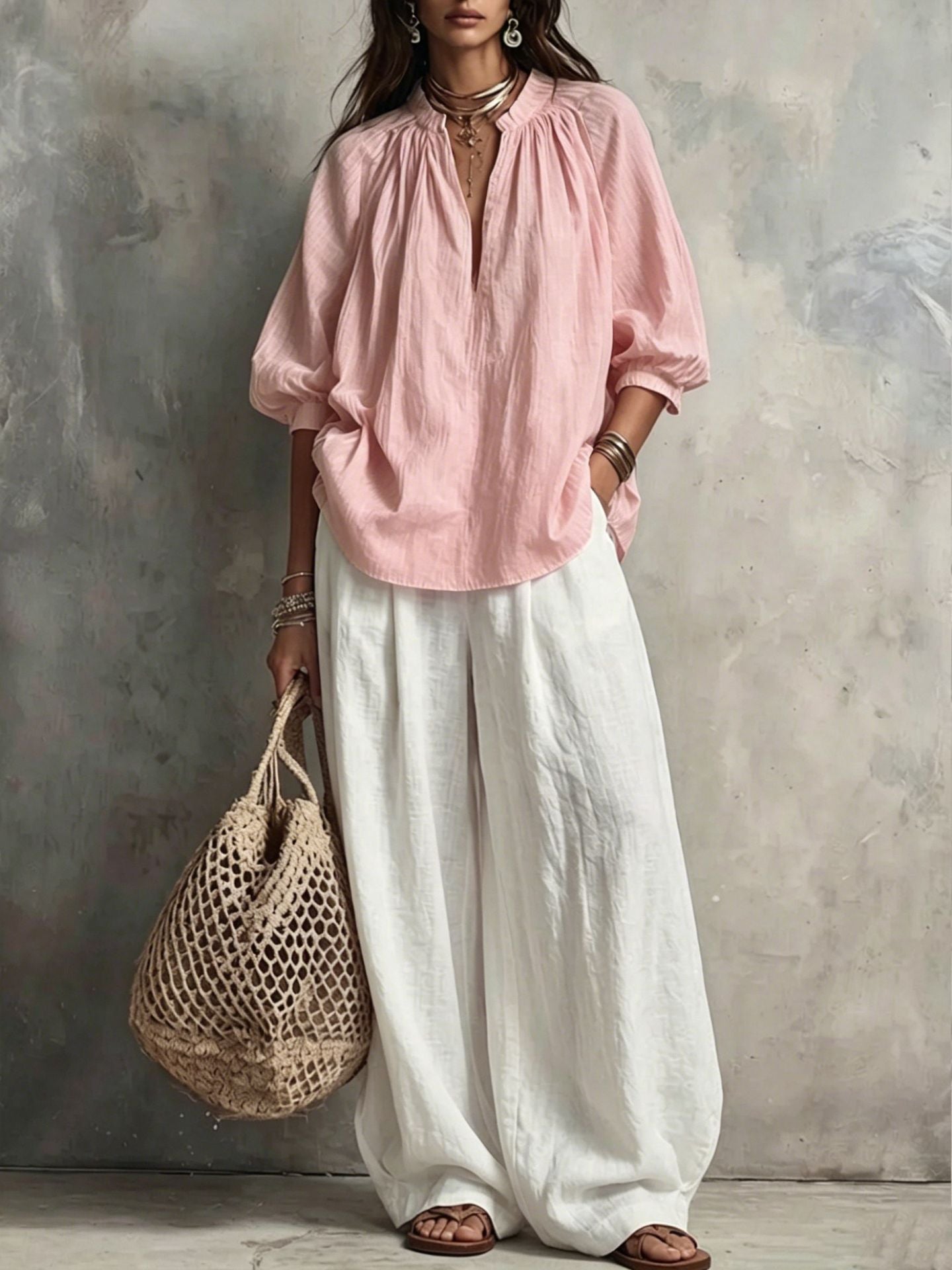 Summer Cotton Linen Puff Sleeve Shirt Wide Fashion Casual Suit