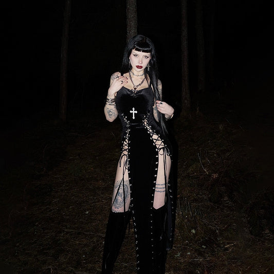 Women's Goth Style High Slit Tied Dress Dresses