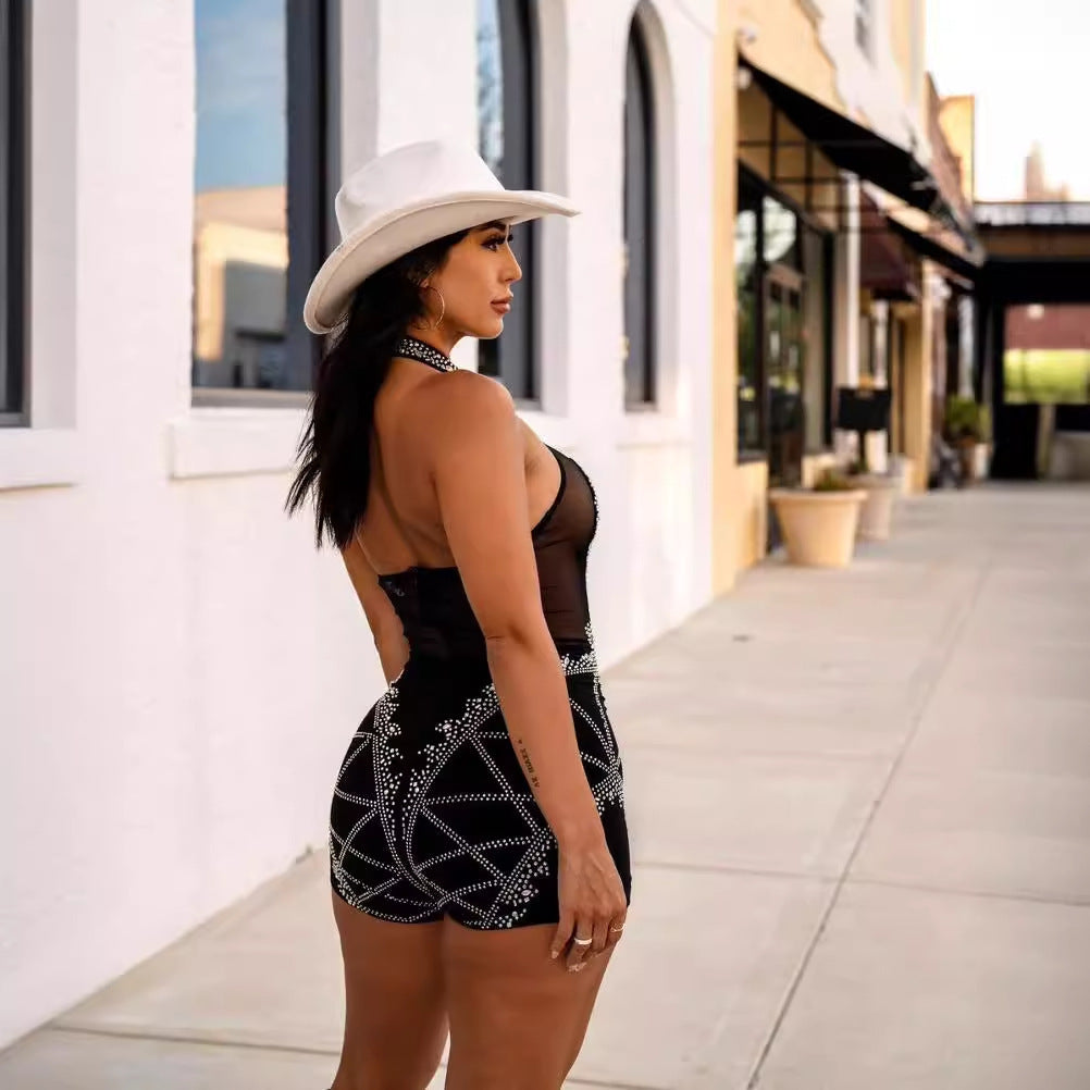 Versatile Unique Rhinestone Backless Halter Stretch Jumpsuits