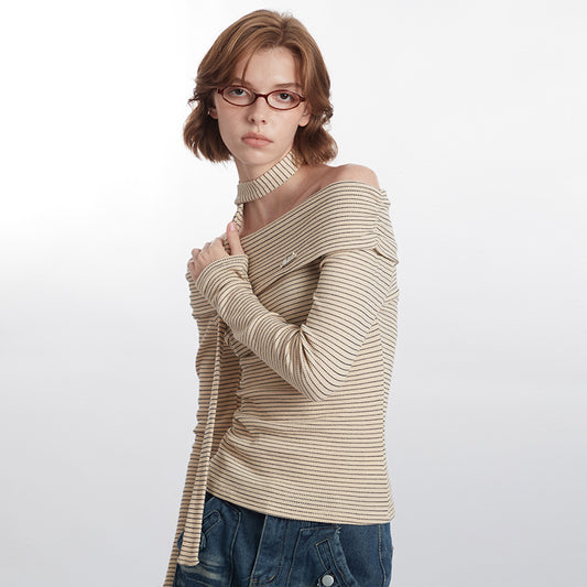 Women's Contrast Color Design Long-sleeved T-shirt Pure Blouses
