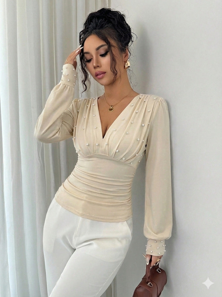 Color Fashion Sexy Long Sleeve Pearl Women's T-shirt
