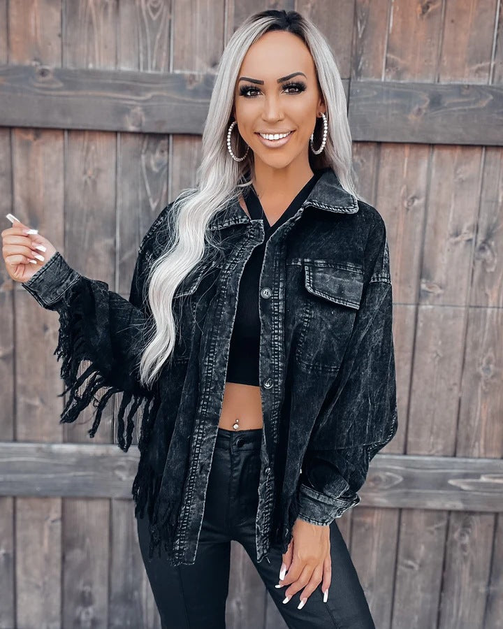 Casual Street Style Stitching Tassel Washed Coats