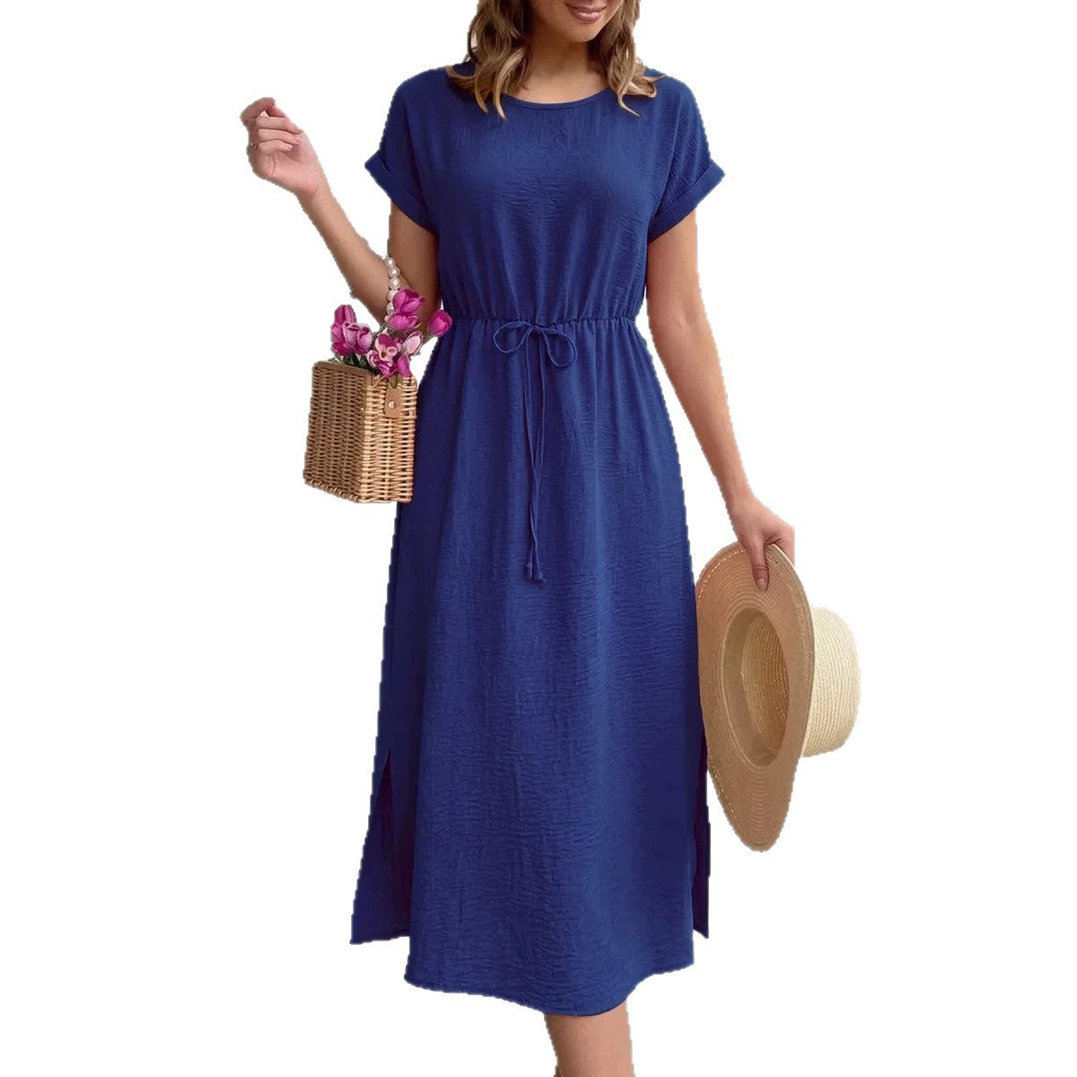 Women's Summer Casual Round Neck Loose Waist Trimming Short-sleeved Dress