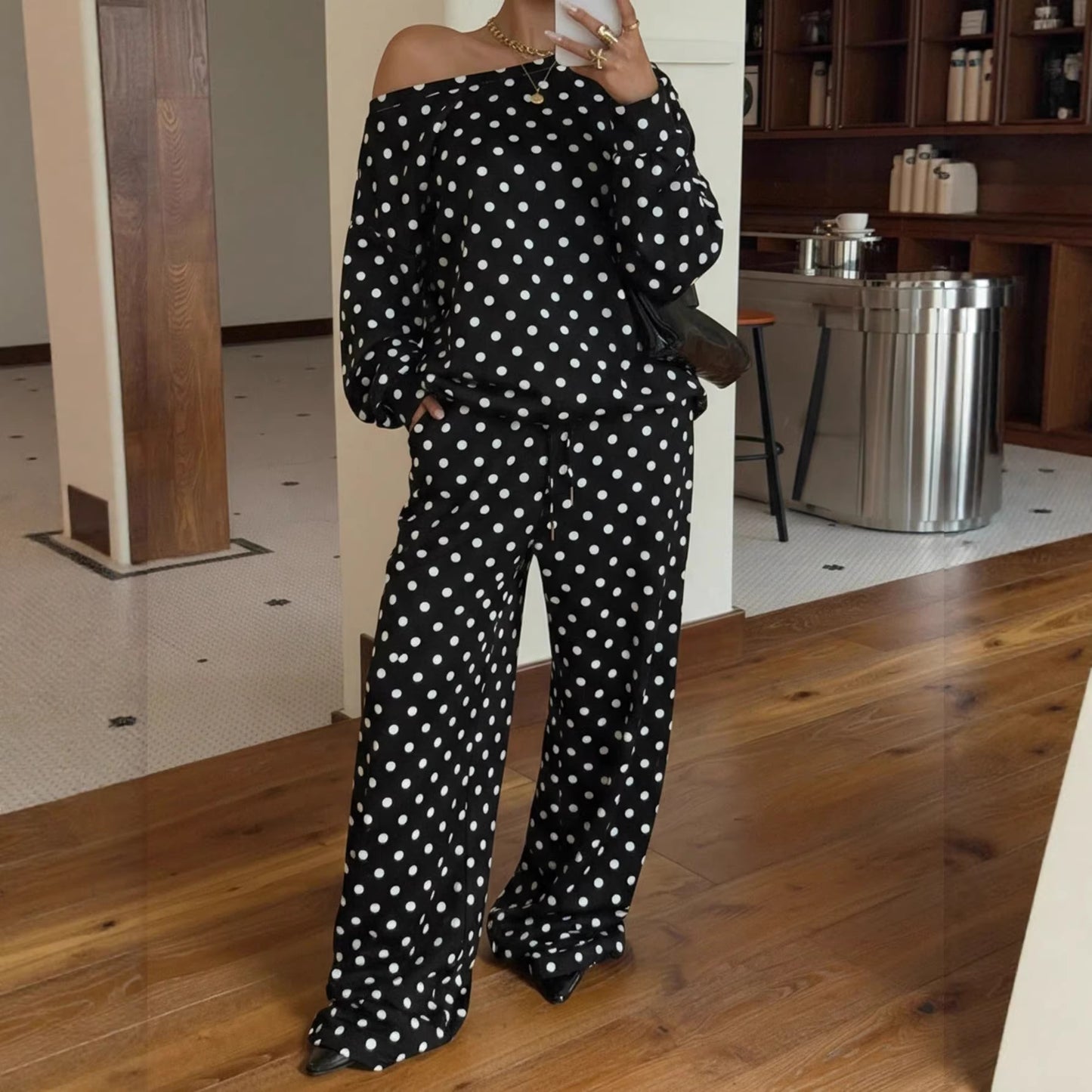 Women's Polka Dot Diagonal Collar Long Sleeve Pocket Drawstring Suits