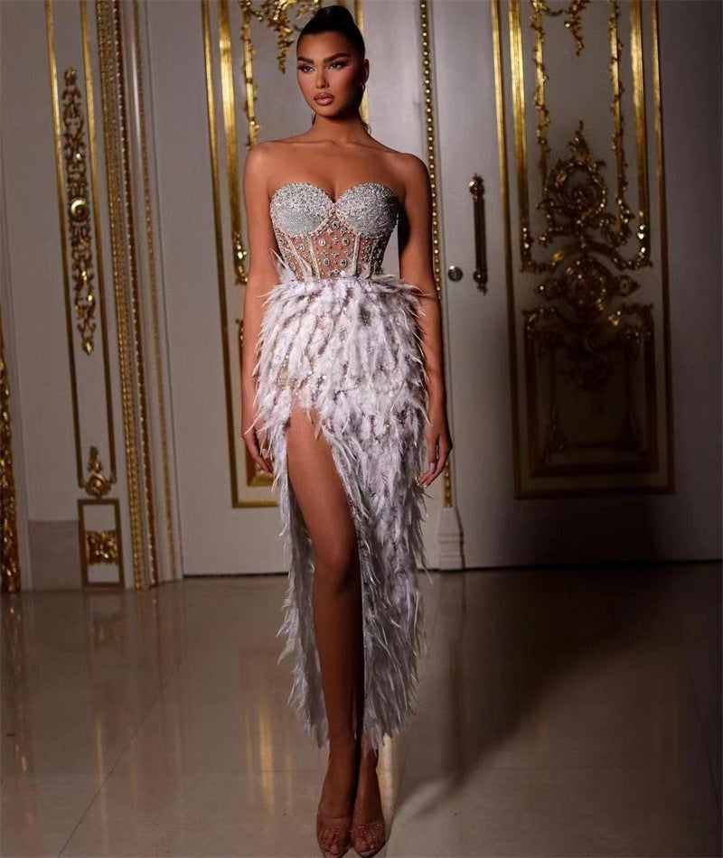 Feather Rhinestone Beaded Sexy High Split Tube Dress Birthday Dresses