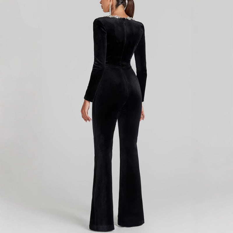 Diamond Veet Square Collar Long Sleeve Jumpsuits