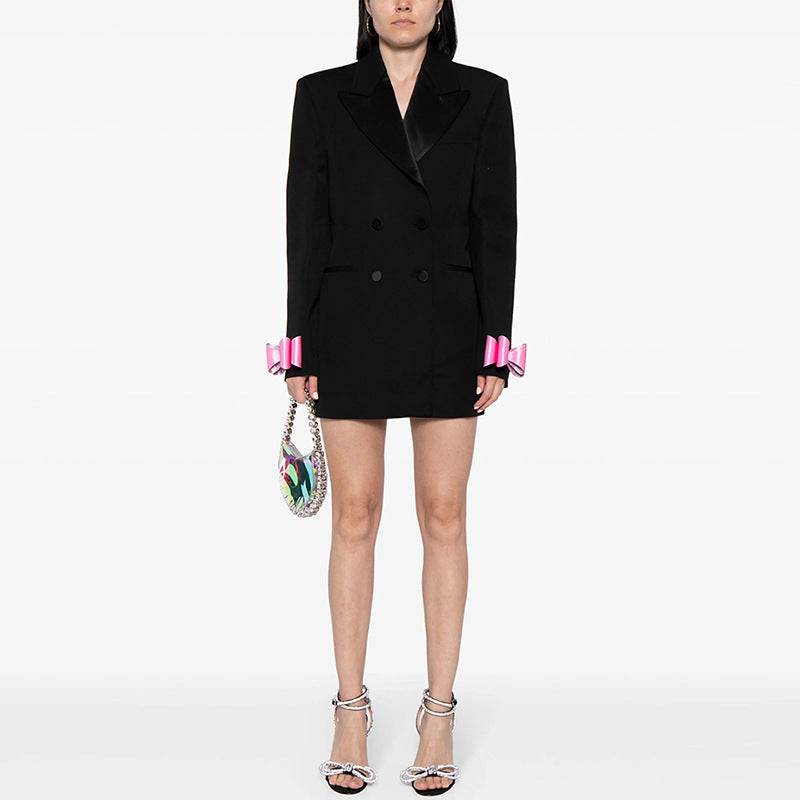 Fashion Double Breasted Satin Collar Bow Small Suit