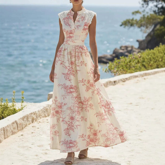 Women's Summer Printed Shoulder Lace Sleeveless Dress