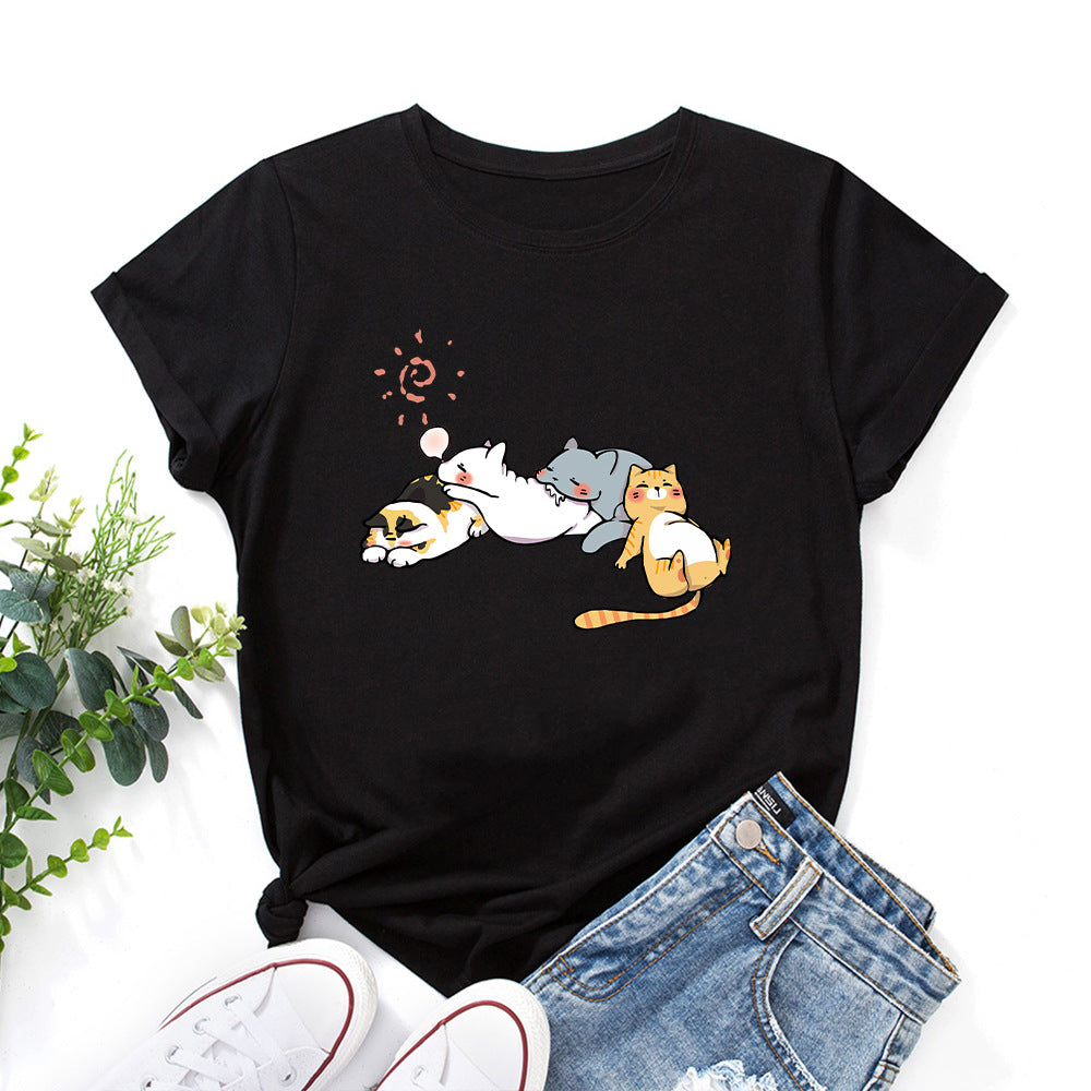 Women's Sleeping Cat Printing Loose Round Neck Sleeve Women's T-shirt