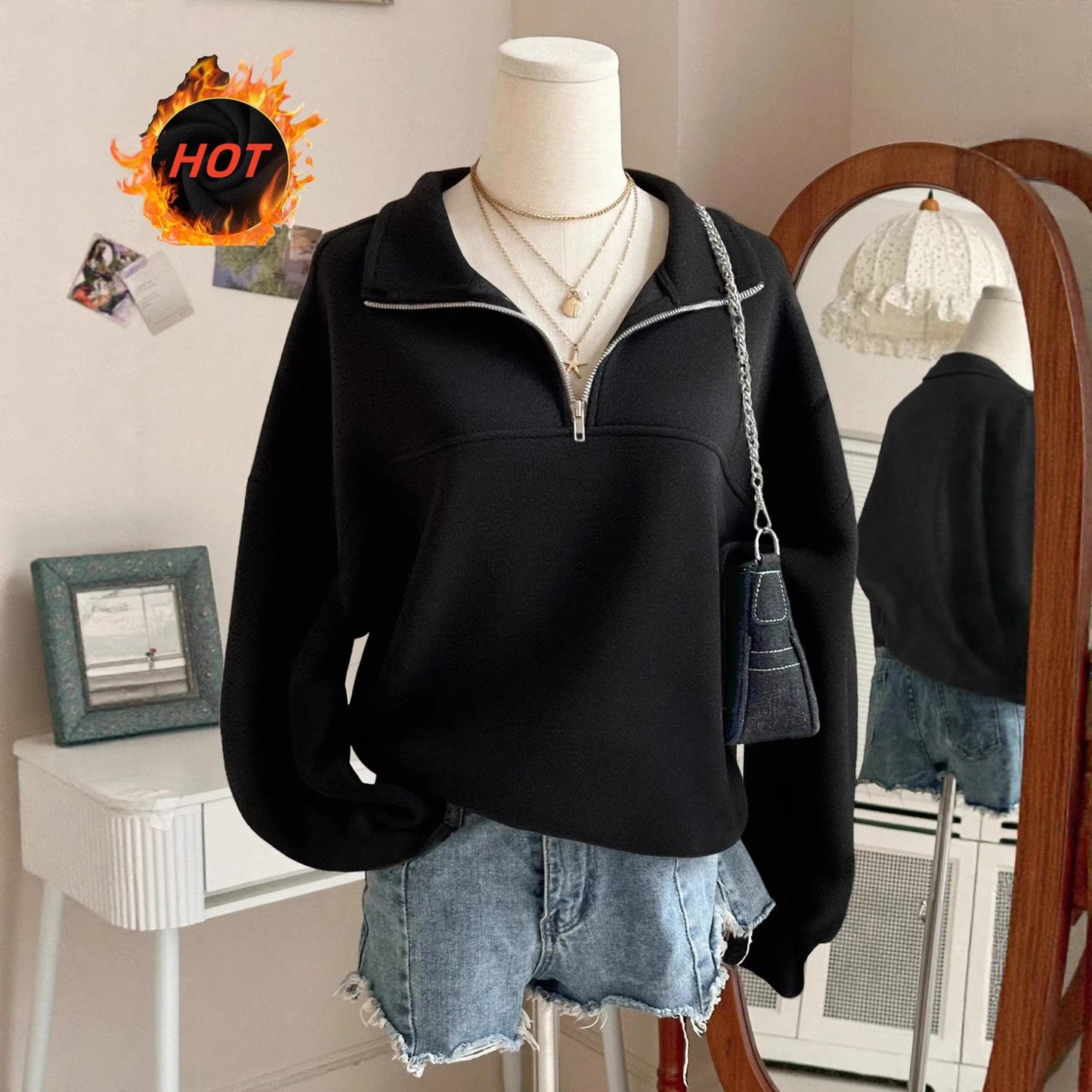 Back To School Casual Long Sleeve Lapel Half Loose Women's Sweater, Sweater
