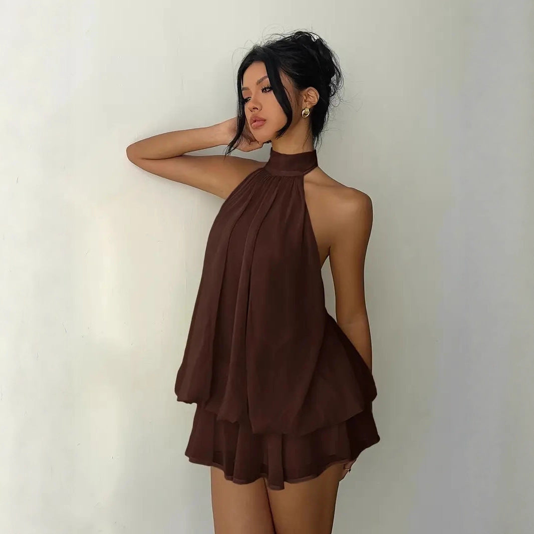 Women's Holiday Sexy Backless Halter Puff Dress