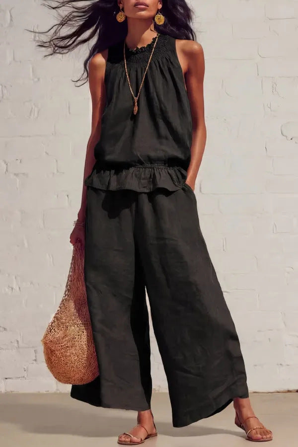 Sleeveless Cool Elastic Waist Design Wide Tops
