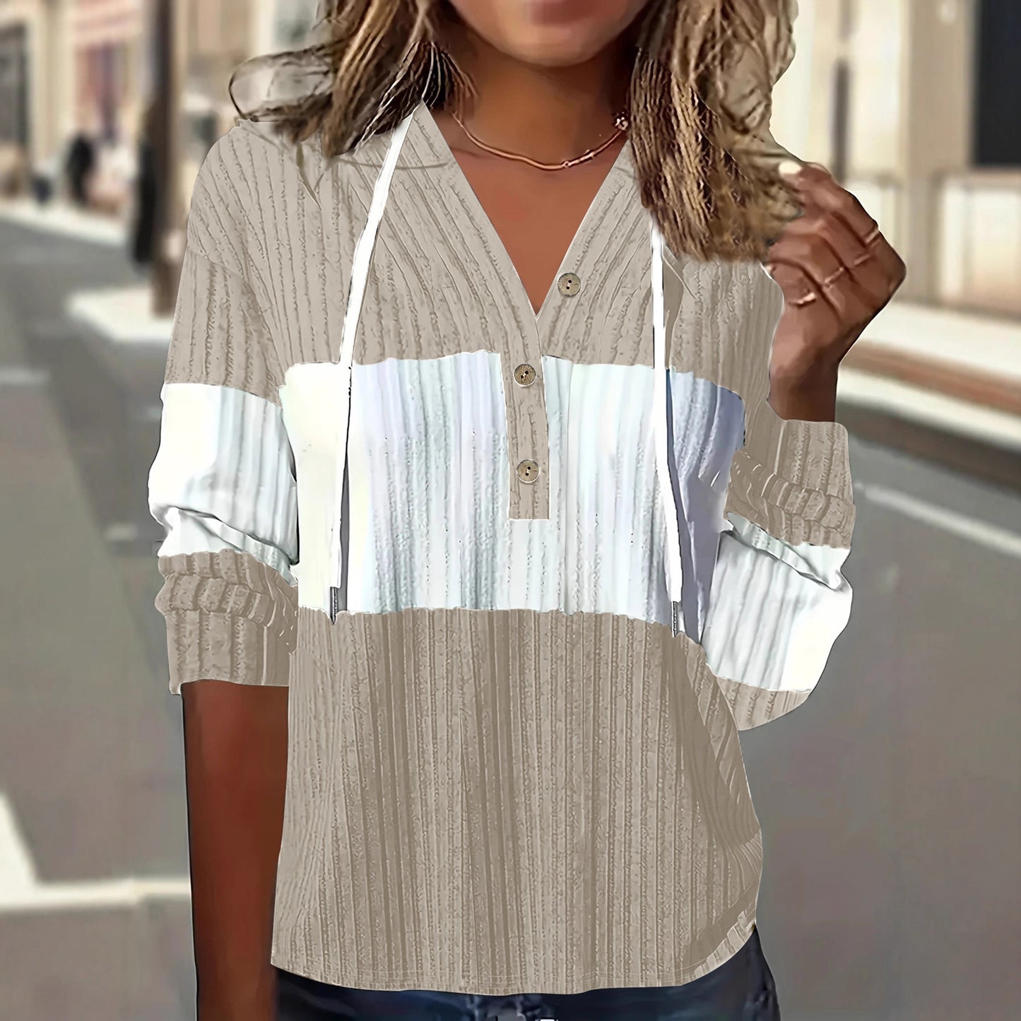 Women's Patchwork Easy Cap Long-sleeved T-shirt Tops
