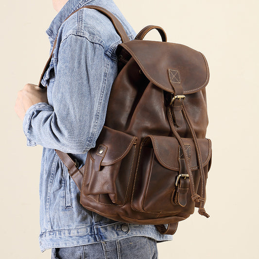 Men's Retro First Layer Cowhide Leather Computer Backpacks