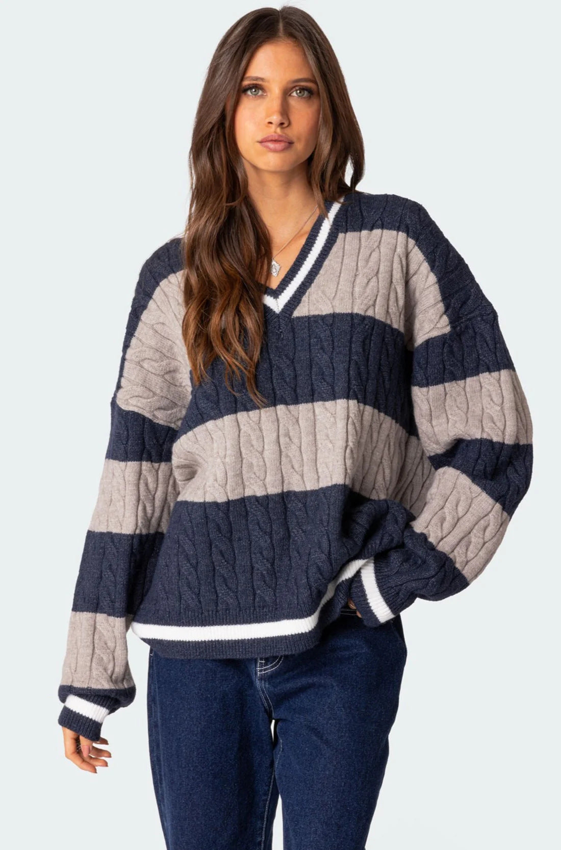 Women's Striped Contrast Color Loose Long Sleeve Sweaters