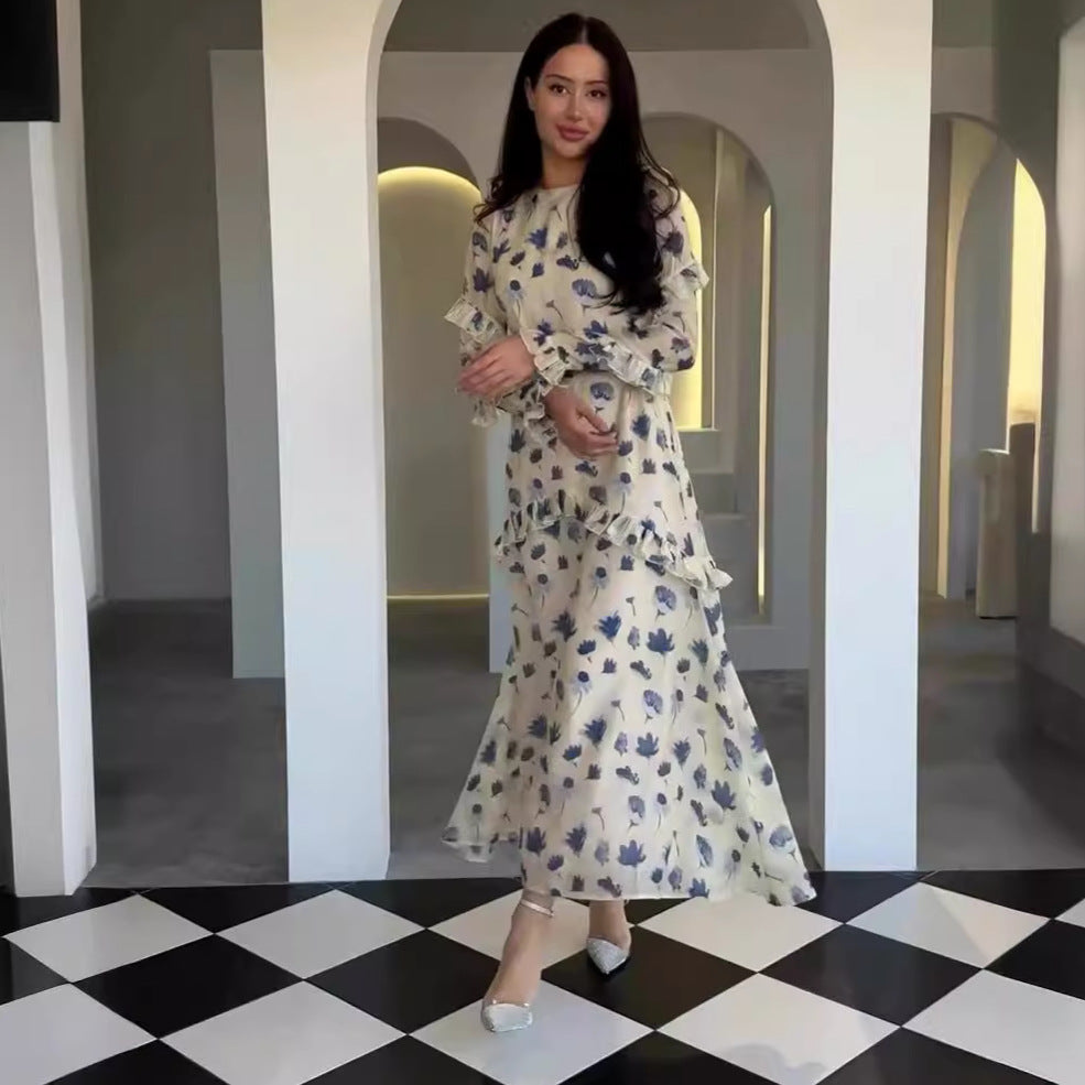 Women's Gentle Floral Dress Round Neck Long Dresses