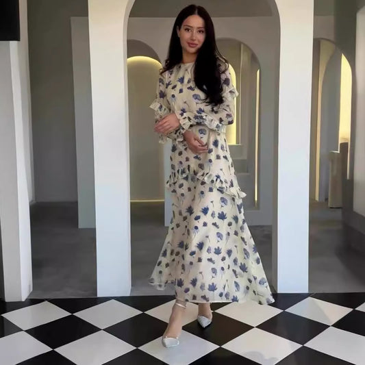 Women's Gentle Floral Dress Round Neck Long Dresses