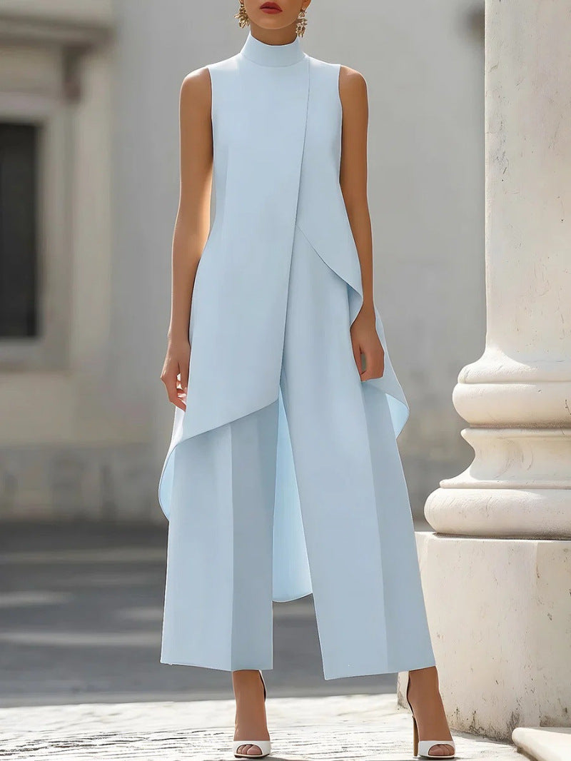 Commuter Slimming Irregular Design Turtleneck Sleeveless Laminated Pants