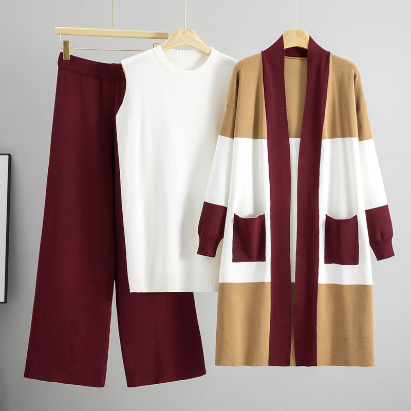 Women's Autumn Knitted Mid-length Wide Leg Three-piece Cardigans