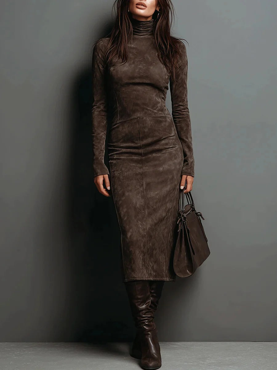Autumn Retro Turtleneck Long Dress Solid Dresses