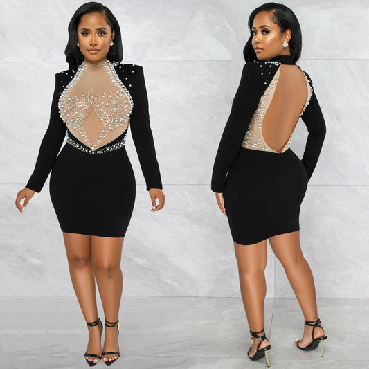 Women's Fashion Sexy Nightclub Hot Rhinestone Mesh Dresses