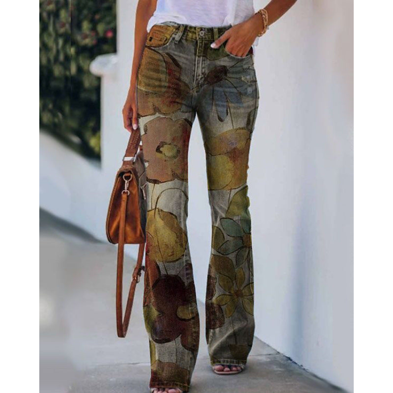 Women's Large Casual Imitation Denim Bell-bottom Floral Women's Jeans