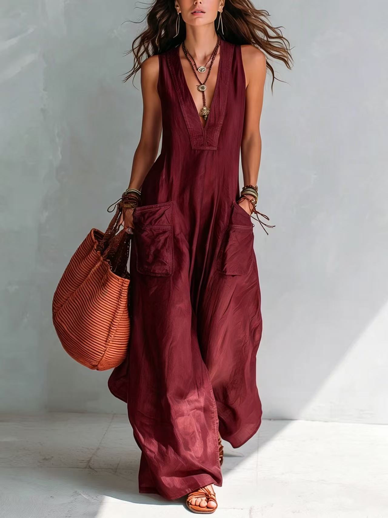 Solid Color Temperament Large Loose Pockets Jumpsuits