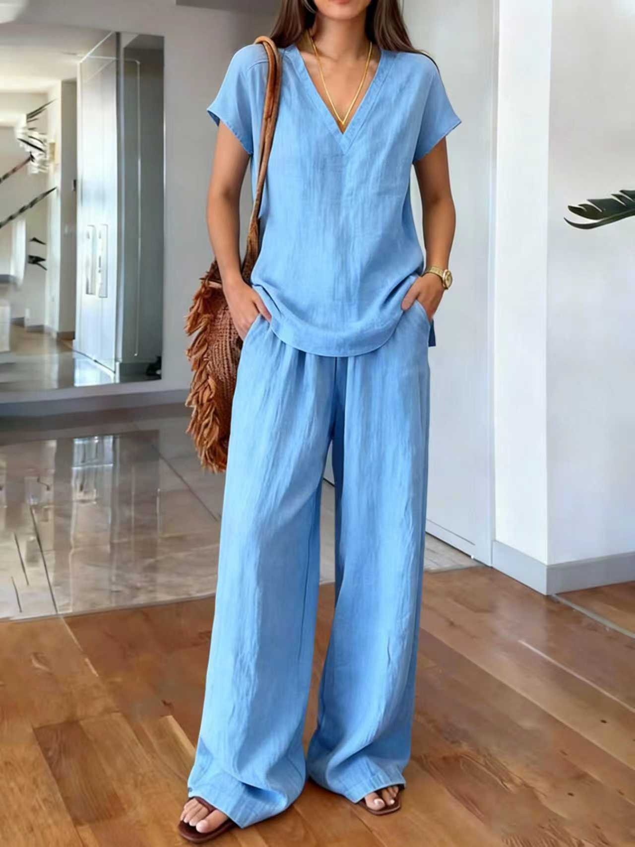Women's Breathable Loose Slimming Solid Color Short-sleeved Trousers Pants