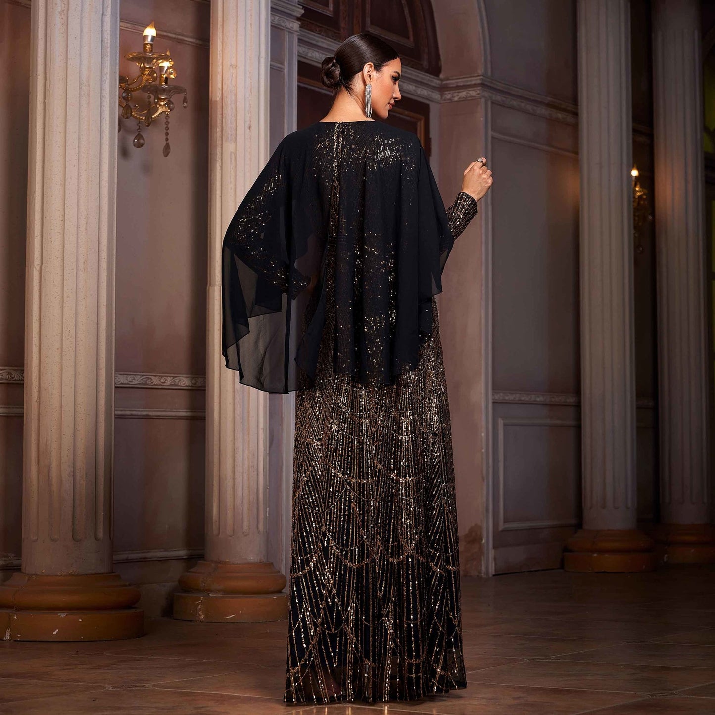 Women's Long-sleeved Round Neck Shawl Banquet Sequined Dresses