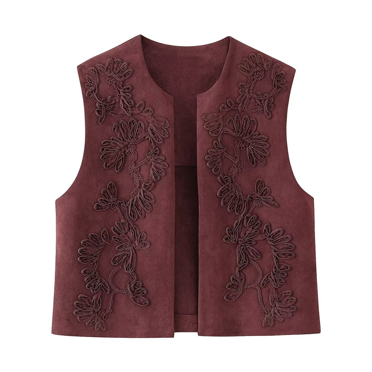 Women's Embroidered Suede Texture Round Neck Vests