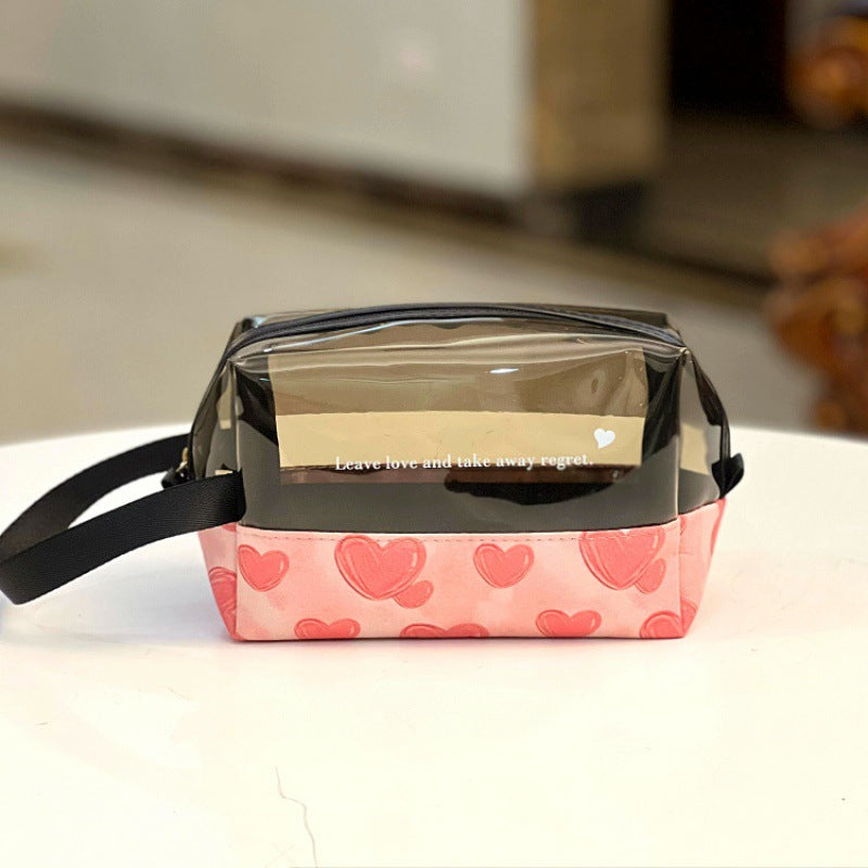 Zipper Translucent Love Peach Heart Flocking Large Capacity Portable Handbags