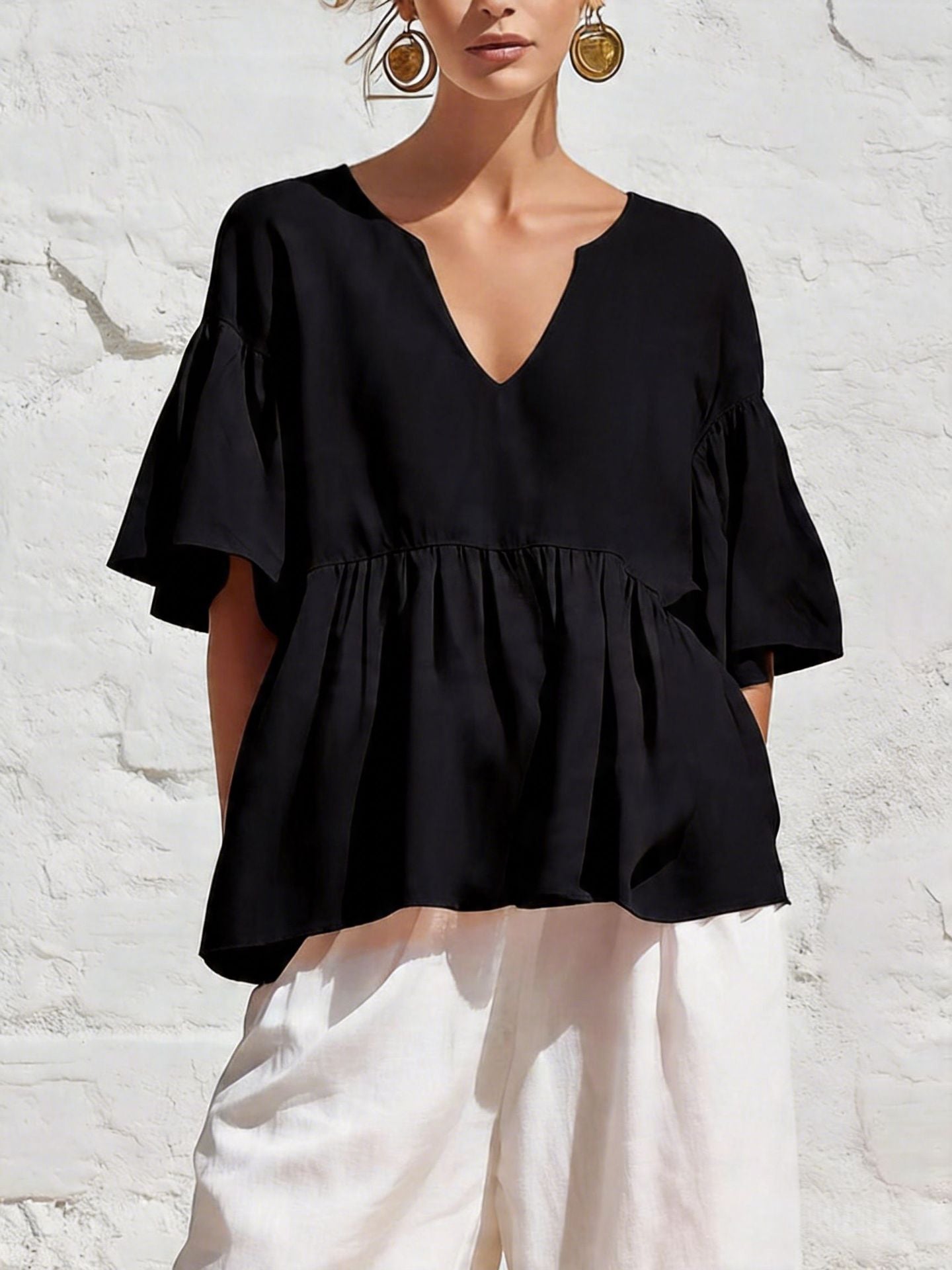 Lazy Ruffled Half Sleeve Cotton Linen Summer Women's T-shirt
