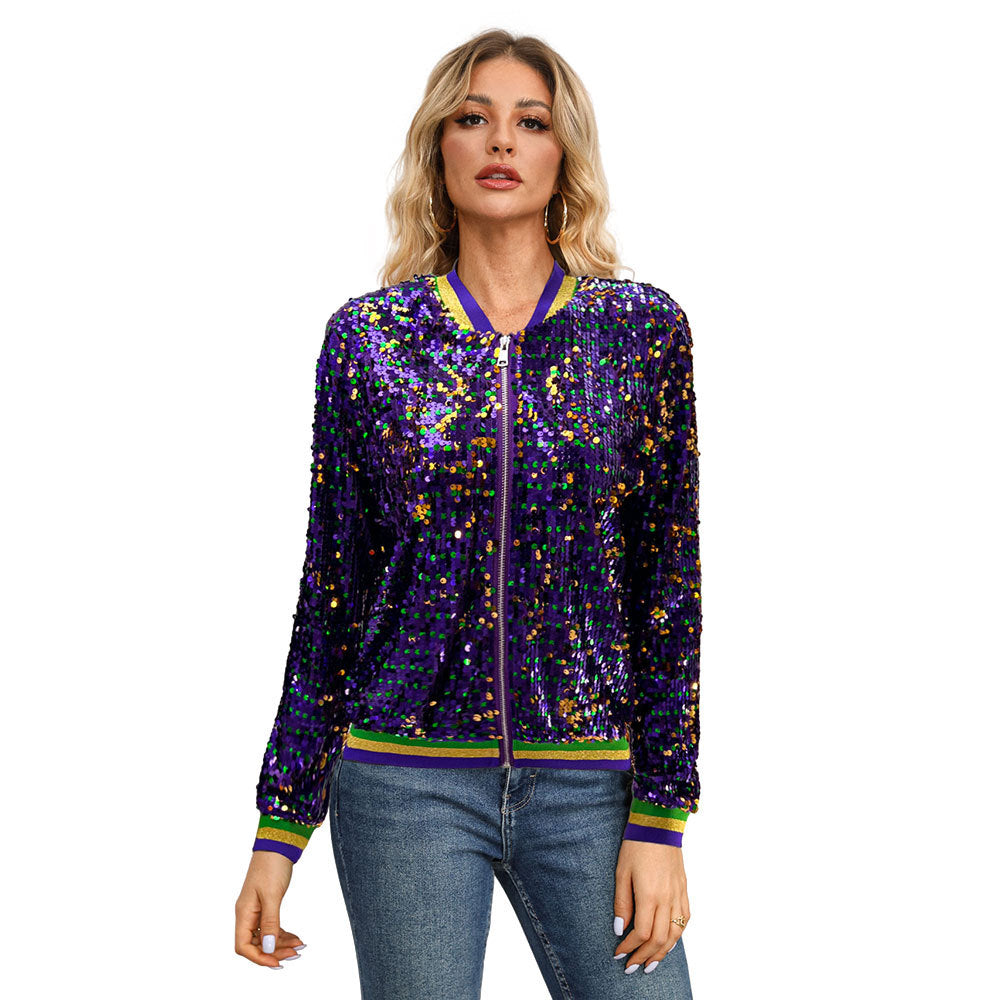Women's Long Sleeve Sequin Fashion Trendy Baseball Jackets
